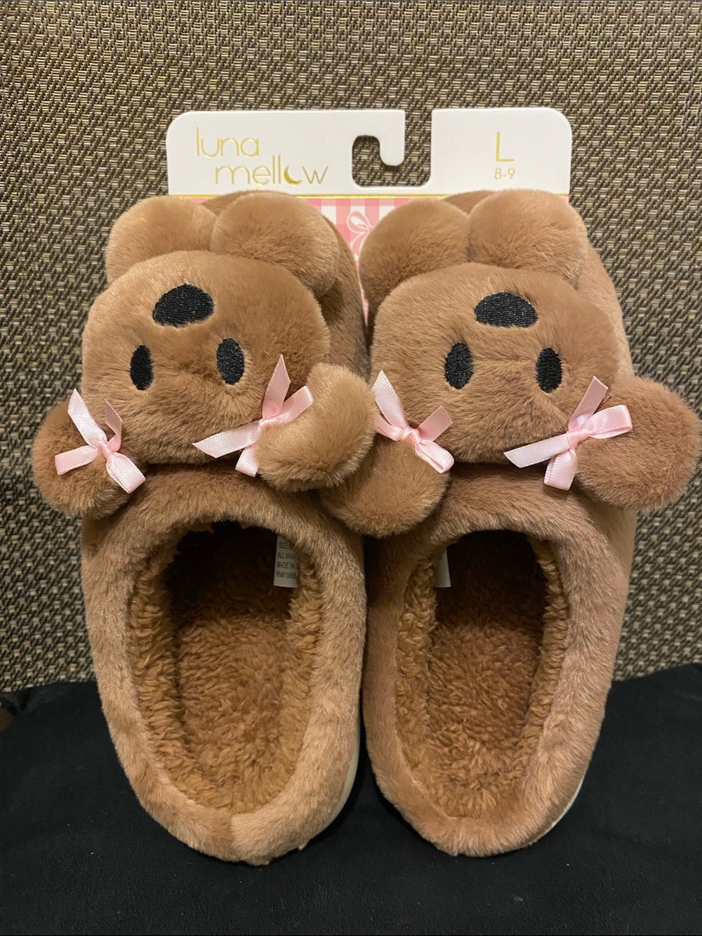 Plush Brown Bear Women's Slippers with Pink Bows - Brown